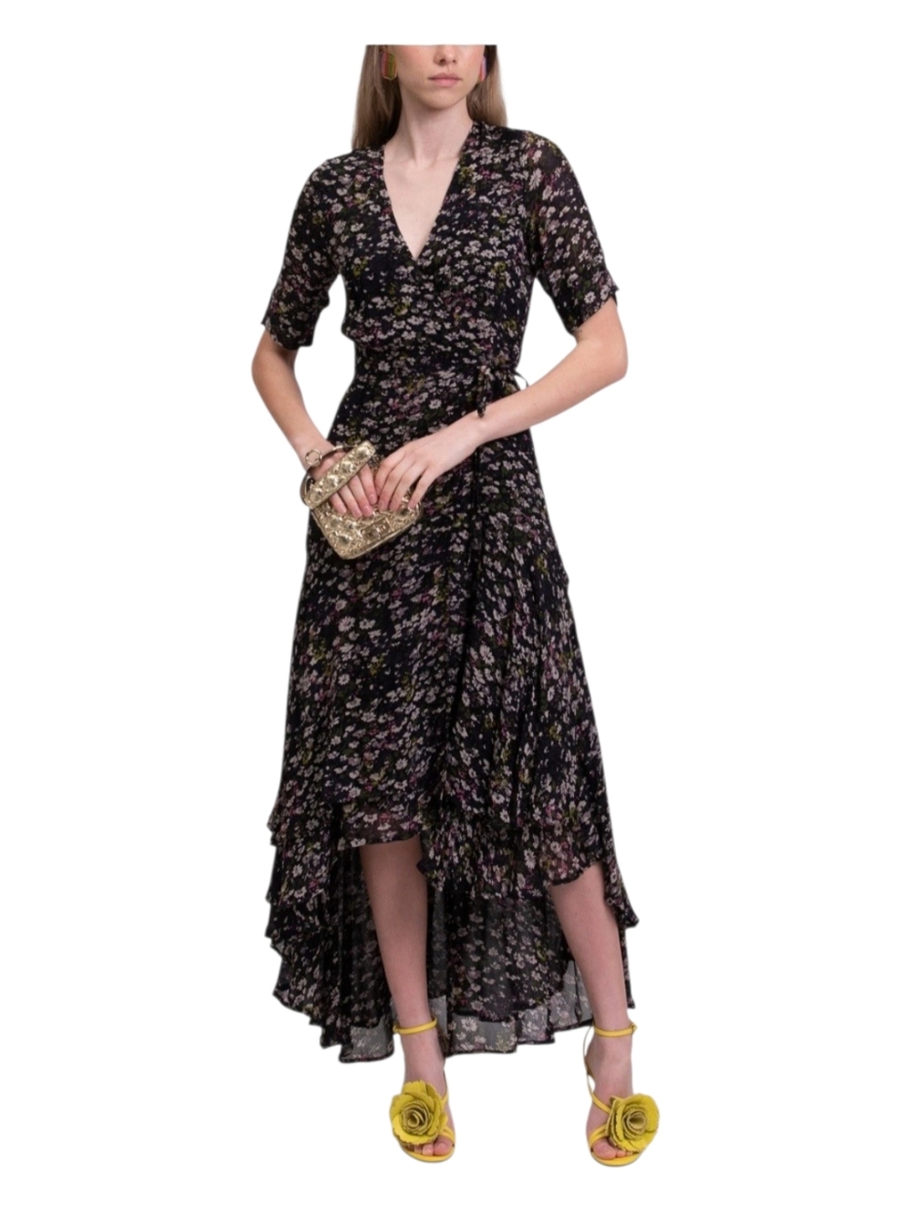 GANNI Crepe Wrap Dress EU34 US4 S Floral Print Asymmetric V-Neck NWT